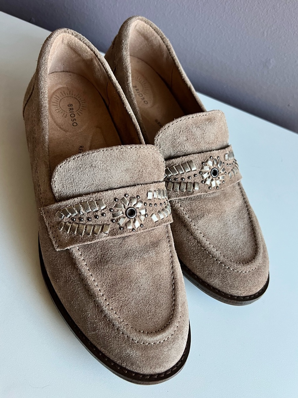 Brioso Frisco Suede Embellished Women's Loafers in Taupe/Tan - Size 6.5